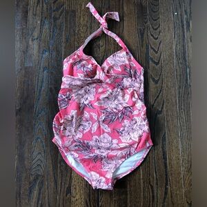 Isabel Maternity Women’s L Pink Floral Halter One-Piece Swim Bathing Suit - EUC!